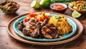 Restaurant-style Plated Jerk Chicken – with rice and bright salsa