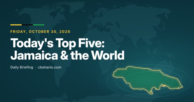 Today's Top Five: Jamaica & the World, Friday October 30, 2026. A glowing gold outline of Jamaica on a teal world map.