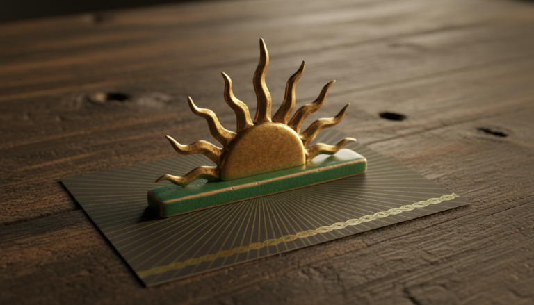 A small sculpted golden sunrise over a green horizon on a dark card on a rustic wooden table