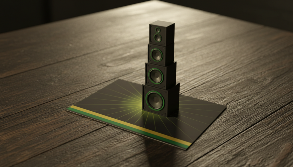 A miniature reggae sound system speaker stack on a dark card on a rustic wooden table