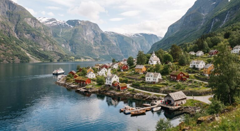 A Norwegian fjord village with red and white wooden houses, a church, boats and snow-capped mountains